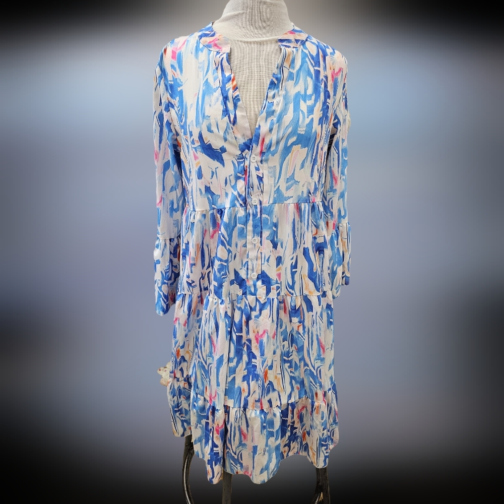 Elegant Blue and Pink Abstract Print Dress
